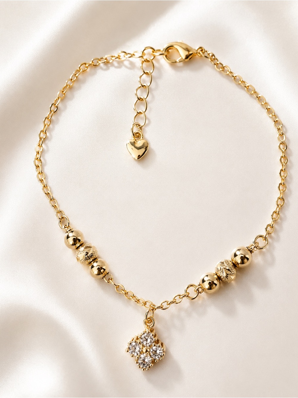 Delicate Gold Tone Charm Bracelet | Crystal Clover Pendant | Adjustable Dainty